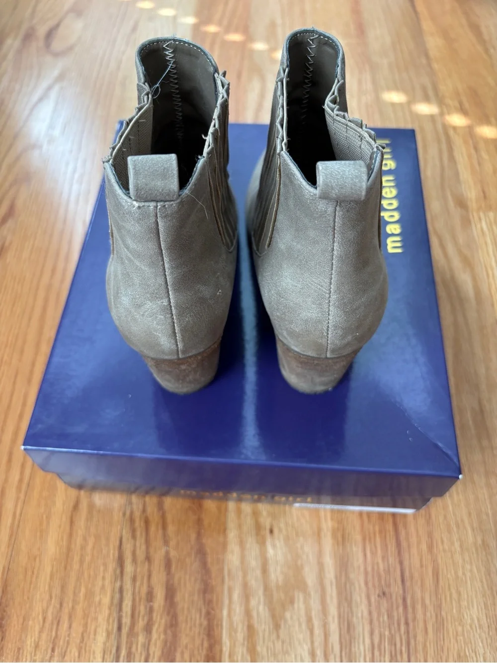 Madden Girl Women’s Taupe Ankle Bootie with Stacked Heel